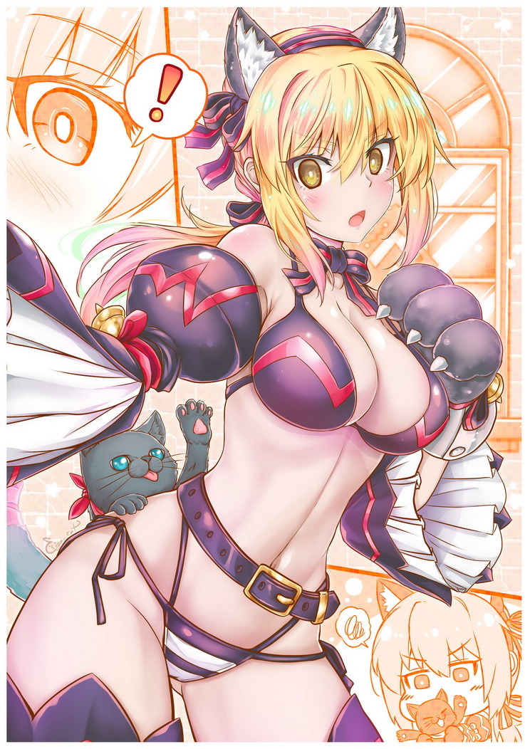 ! 1girl animal_ear_fluff animal_ears animal_hands artoria_pendragon_(fate) bare_shoulders bell belt black_belt black_bra black_panties black_thighhighs blonde_hair blush bra breasts cat cat_ears cat_tail cigar_cat cleavage detached_sleeves fate/stay_night fate_(series) gloves hair_between_eyes jingle_bell large_breasts long_hair looking_at_viewer mysterious_heroine_x_alter_(fate) navel open_mouth panties paw_gloves ponytail red_ribbon ribbon saber_alter sidelocks spoken_exclamation_mark tail thighhighs thighs underwear wide_sleeves yellow_eyes