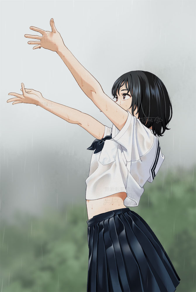 1girl arms_up black_eyes black_hair black_skirt grey_sky looking_up mattaku_mousuke navel neckerchief original outdoors pleated_skirt rain school_uniform serafuku shirt short_hair skirt sky solo wet wet_clothes white_shirt