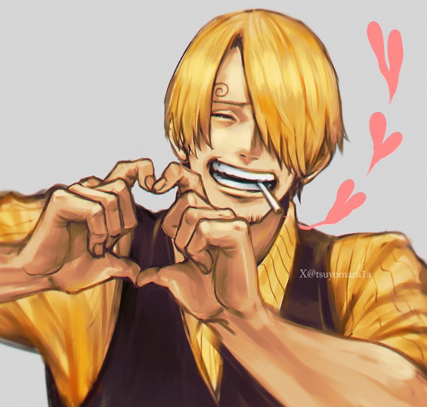 1boy arms_up black_vest cigarette closed_eyes commentary curly_eyebrows english_commentary grey_background hair_over_one_eye heart heart_hands male_focus one_piece open_mouth sanji_(one_piece) shirt simple_background sleeves_rolled_up smile solo teeth tsuyomaru twitter_username upper_body vest yellow_shirt