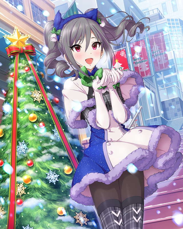 10s 1girl artist_request blush capelet christmas christmas_tree drill_hair elbow_gloves female_focus gloves idolmaster idolmaster_cinderella_girls kanzaki_ranko official_art pantyhose red_eyes show silver_hair snow solo thighhighs twin_drills twintails winter winter_clothes