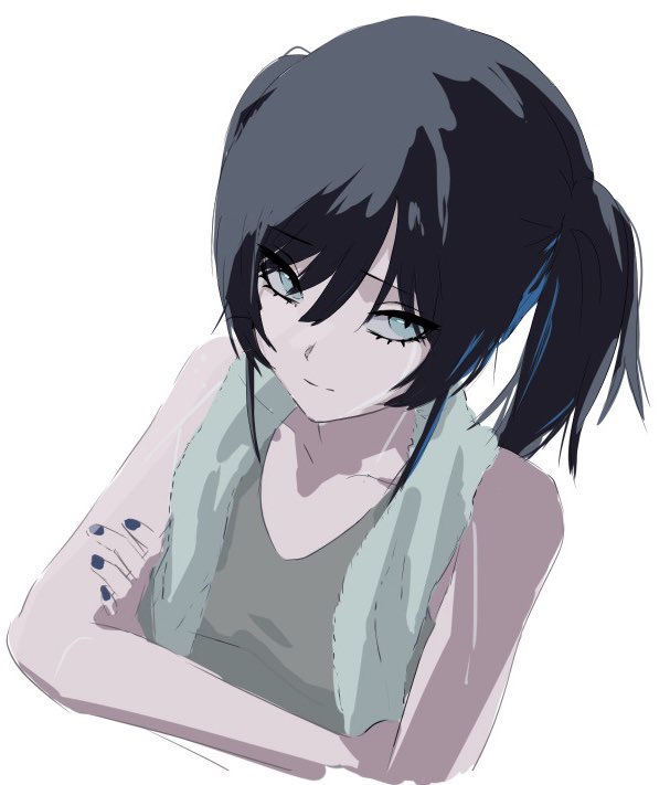 1girl ado_(utaite) black_hair blue_eyes blue_hair chando_(ado) closed_mouth commentary_request cropped_torso crossed_arms egoist_tosummer grey_tank_top hair_between_eyes long_hair looking_at_viewer multicolored_hair one-hour_drawing_challenge simple_background solo streaked_hair tank_top towel towel_around_neck twintails upper_body utaite white_background