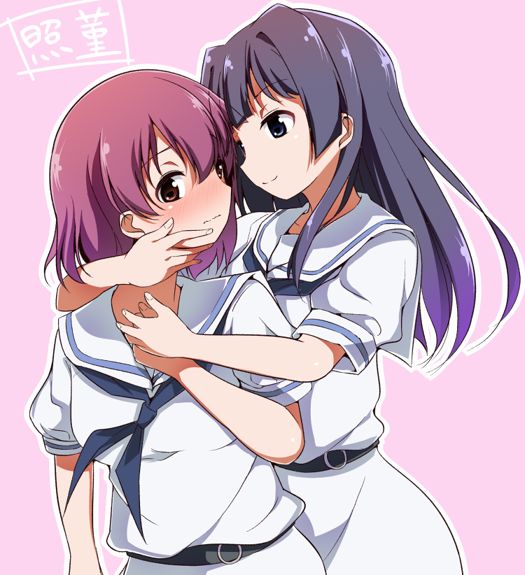 2girls black_eyes black_hair blush from_behind hand_on_another&#039;s_face hirose_sumire miyanaga_teru multiple_girls neckerchief nonohachi red_eyes red_hair saki_(manga) school_uniform short_hair smile yuri