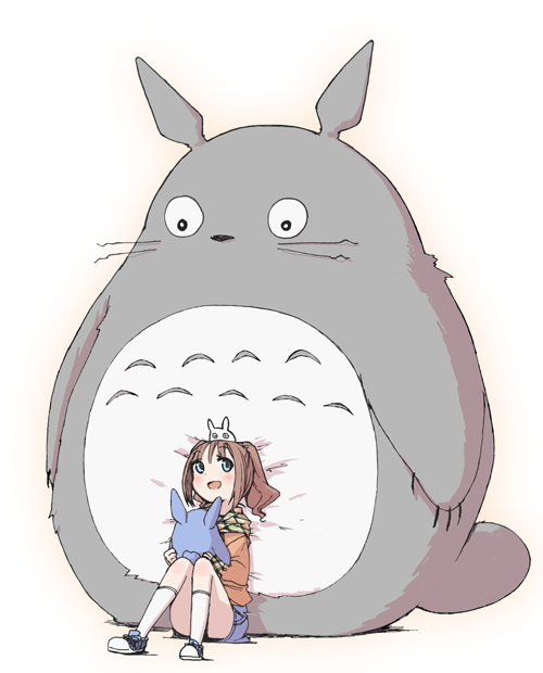 1980s_(style) 1girl bad_id bad_pixiv_id brown_hair casual chika_(orange_pop) crossover female_focus hood hoodie idolmaster idolmaster_(classic) long_hair oldschool retro_artstyle solo studio_ghibli takatsuki_yayoi tonari_no_totoro totoro twintails