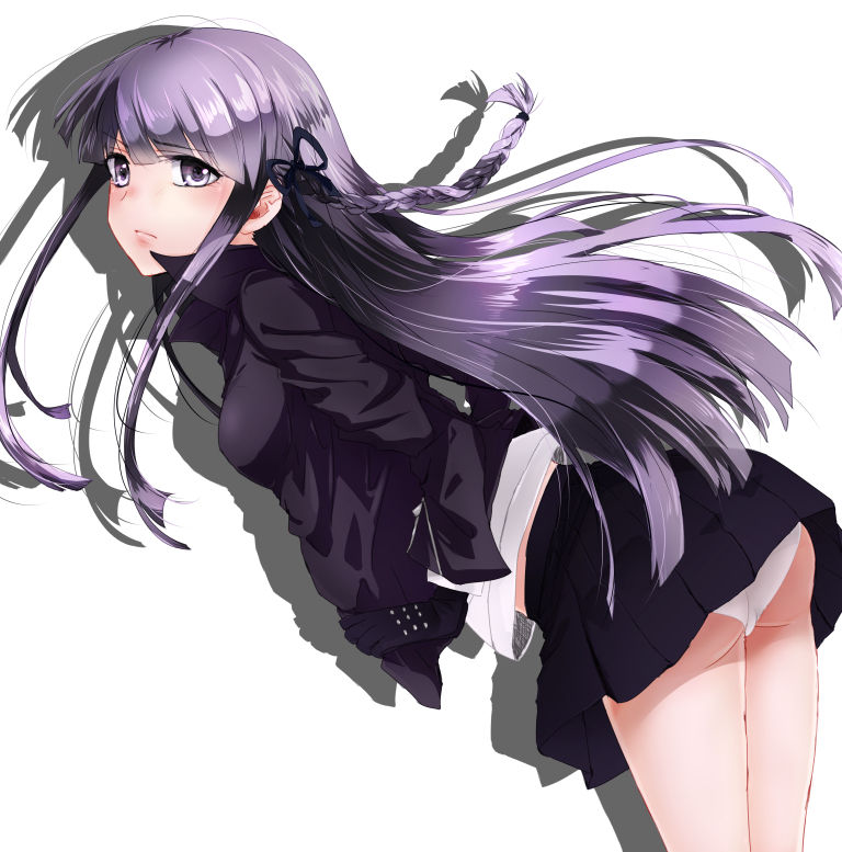 1girl ass bare_legs bent_over black_bow black_ribbon bow braid braided_ponytail breasts cameltoe danganronpa:_trigger_happy_havoc danganronpa_(series) ears feet_out_of_frame female_focus gloves hair_between_eyes hair_bow hair_ribbon kirigiri_kyoko leather leather_gloves legs lips long_hair long_sleeved_jacket long_sleeves looking_at_viewer matching_outfits medium_breasts midriff_peek panties pantyshot pleated_skirt purple_eyes purple_hair purple_skirt ribbon shadow shiny_skin shirt simple_background skirt solo standing studded_gloves thighs turned_around turning_head underwear white_background white_panties white_shirt