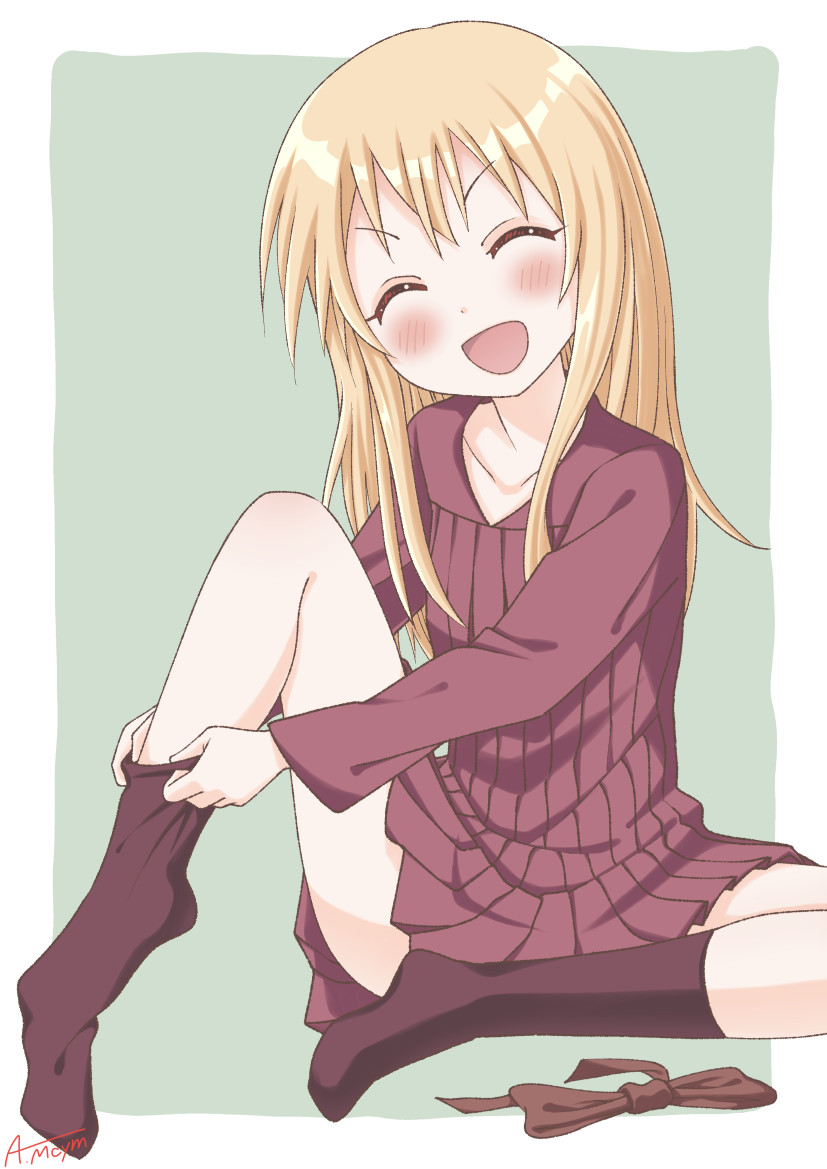 1girl :d akanemachiyama blonde_hair border bow closed_eyes dress dressing facing_viewer full_body green_background hair_bow kneehighs long_hair open_mouth sitting smile socks solo thighhighs toshinou_kyouko white_border yuru_yuri