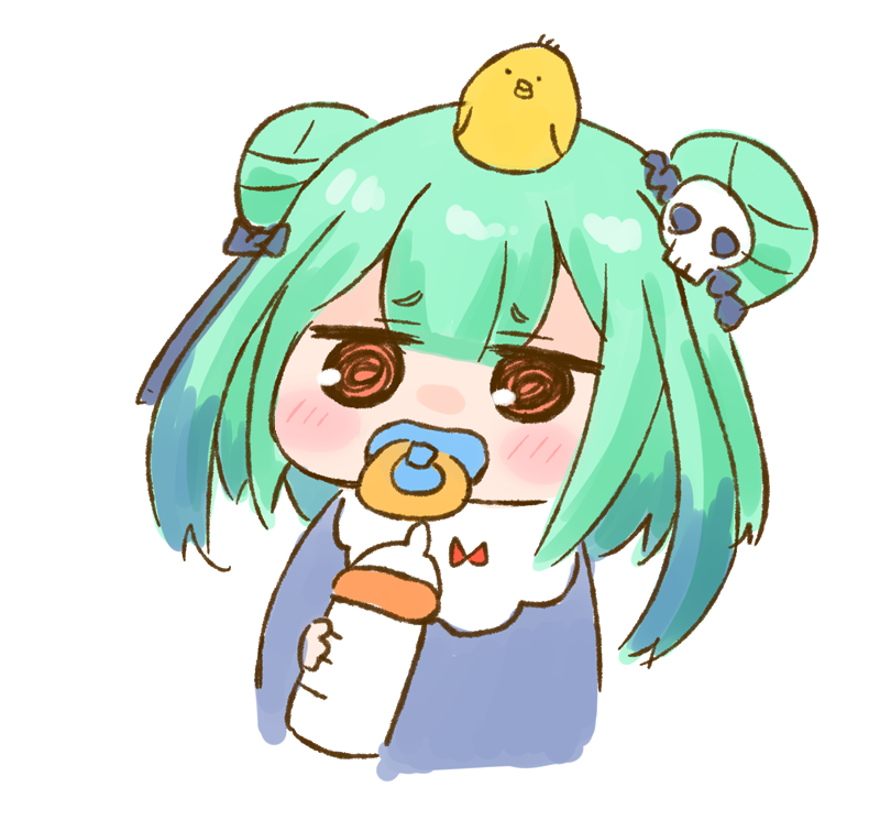 1girl :d @_@ aged_down animal animal_on_head baby_bottle bird bird_on_head blue_bow blue_ribbon blue_shirt blush blush_stickers bottle bow chibi chick commentary_request cropped_torso double_bun dress full_body green_hair hair_between_eyes hair_bun hair_ornament hair_ribbon holding holding_bottle hololive looking_at_viewer milk nekoyama official_alternate_costume on_head open_mouth pacifier raised_eyebrows red_bow red_eyes ribbon shirt simple_background skull_hair_ornament smile solo toddler upper_body uruha_rushia virtual_youtuber white_background