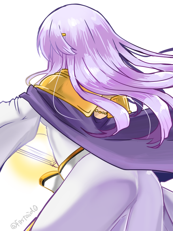 1girl ass book cape casting_spell circlet cowboy_shot dress fire_emblem fire_emblem:_genealogy_of_the_holy_war julia_(fire_emblem) light_purple_hair long_hair long_sleeves looking_away looking_back nintendo portrait purple_hair solo twitter_username very_long_hair white_background wide_sleeves yukia_(firstaid0)