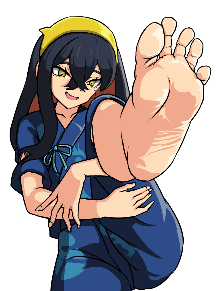 1girl barefoot black_hair carmine_(pokemon) creatures_(company) feet game_freak hairband jmpdwgtdw938 jmpdwgtdw938(adesk) long_hair looking_at_viewer nintendo open_mouth pokemon pokemon_sv soles toes yellow_eyes