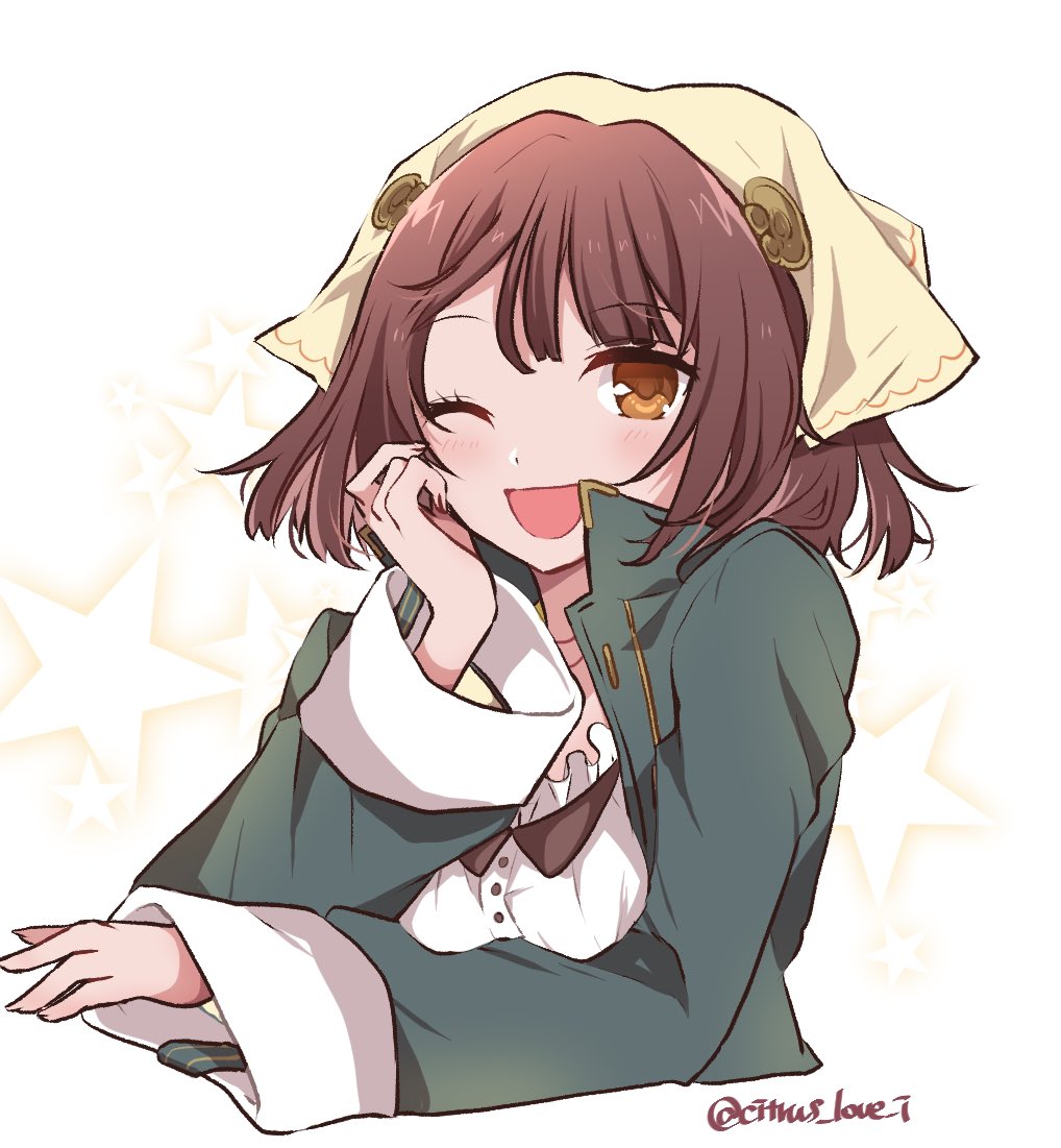 1girl ;d atelier_(series) atelier_sophie blush brown_eyes brown_hair commentary cropped_torso hand_on_own_cheek hand_on_own_face hand_up haruna_(citrus_love_i) headscarf long_sleeves looking_at_viewer one_eye_closed open_mouth short_hair smile solo sophie_neuenmuller star_(symbol) star_symbol_background twitter_username upper_body white_background