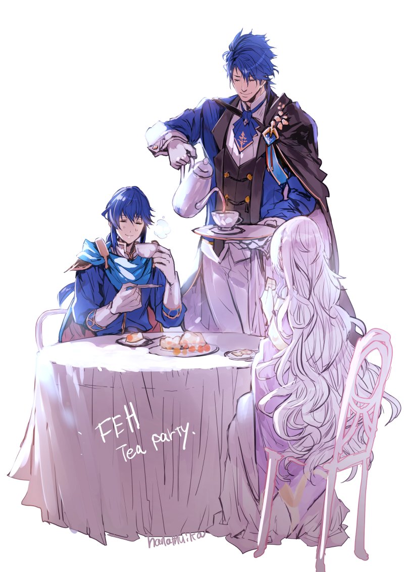 1girl 2boys blue_hair chair closed_eyes copyright_name cup deirdre_(fire_emblem) father_and_son fire_emblem fire_emblem:_genealogy_of_the_holy_war fire_emblem_heroes holding holding_cup long_hair mother_and_son multiple_boys nanathuika nintendo official_alternate_costume pink_hair ponytail seliph_(fire_emblem) short_hair sigurd_(fire_emblem) sigurd_(tea_party)_(fire_emblem) simple_background sitting table teacup very_long_hair wavy_hair white_background