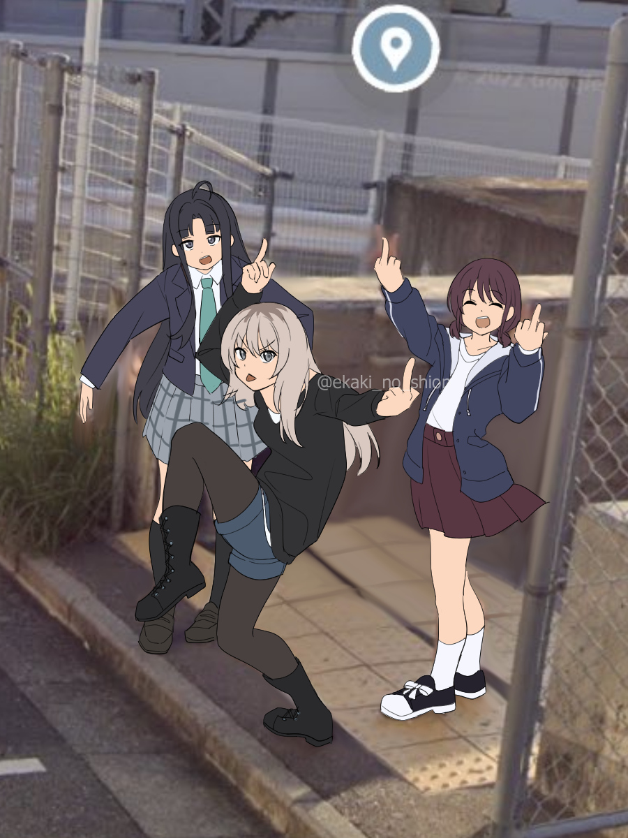 3girls ^_^ ahoge awa_subaru black_eyes black_footwear black_hair black_pantyhose black_socks black_sweater blazer blue_jacket blue_shorts boots closed_eyes commentary double_middle_finger ekaki_no_shion girls_band_cry green_necktie grey_eyes grey_hair grey_skirt high_school_girls_posing_for_google_street_view_(meme) highres iseri_nina jacket kawaragi_momoka kneehighs loafers long_hair low_twintails meme middle_finger multicolored_hair multiple_girls necktie open_clothes open_jacket open_mouth pantyhose pantyhose_under_shorts plaid_clothes plaid_skirt pleated_skirt red_hair red_skirt roots_(hair) school_uniform shirt shirt_tucked_in shoes short_hair short_twintails shorts sidelocks skirt socks sweater teeth tongue tongue_out twintails twitter_username upper_teeth_only white_shirt