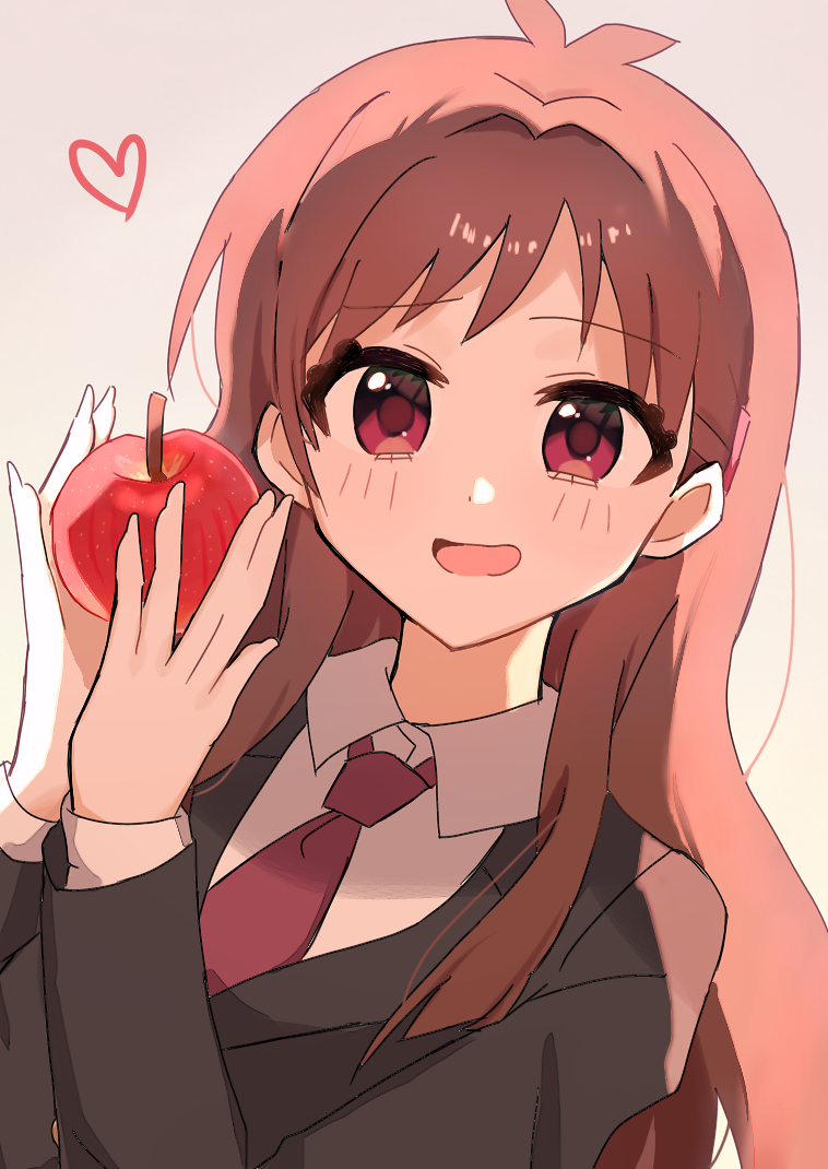 1girl antenna_hair black_jacket blazer blush brown_hair commentary fingernails food fruit heart holding holding_food holding_fruit idolmaster idolmaster_cinderella_girls jacket long_hair long_sleeves looking_at_viewer necktie red_eyes red_necktie san_74 school_uniform shirt simple_background smile solo symbol-only_commentary tsujino_akari upper_body very_long_hair white_background white_shirt