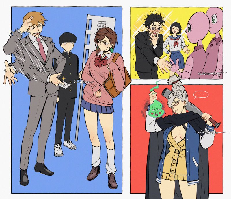 3boys 3girls alien artist_name ayase_momo ayase_seiko bag baseball_bat black_hair blazer braid breasts brown_eyes brown_hair business_card cleavage closed_eyes collared_shirt crossover dandadan earrings ekubo_(mob_psycho_100) formal gakuran glasses jacket jewelry kadeart kageyama_shigeo kurata_tome loose_socks mob_psycho_100 motion_blur multiple_boys multiple_girls necktie pink_sweater pleated_skirt red-framed_eyewear reigen_arataka school_bag school_uniform serafuku shirt single_braid skirt socks sparkle suit sweater takakura_ken_(dandadan) trembling white_hair