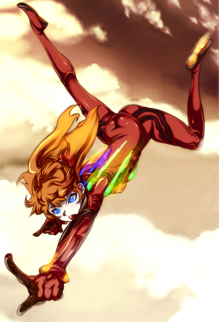 1girl ass blue_eyes bodysuit falling index_finger_raised interface_headset long_hair mecha_pilot_suit mochizuki_tou motion_blur neon_genesis_evangelion open_mouth orange_hair plugsuit pointing red_bodysuit skin_tight sky solo souryuu_asuka_langley test_plugsuit