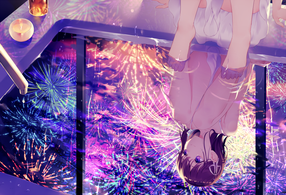 Achiki Original Looking Away Commentary Request 1girl Aerial Fireworks Arm Support Bare 6554