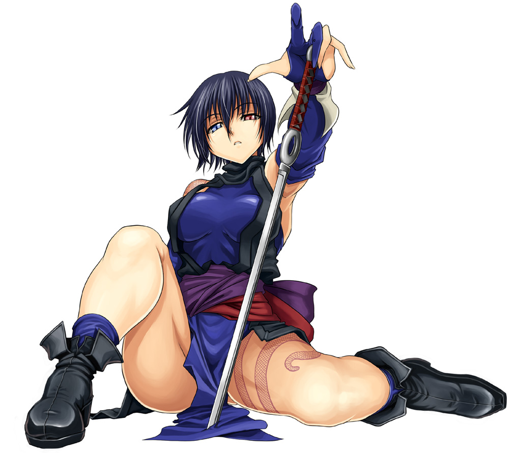 1girl black_hair female_focus heterochromia samurai_spirits shiki_(samurai_spirits) sitting solo sword syunzou tattoo weapon