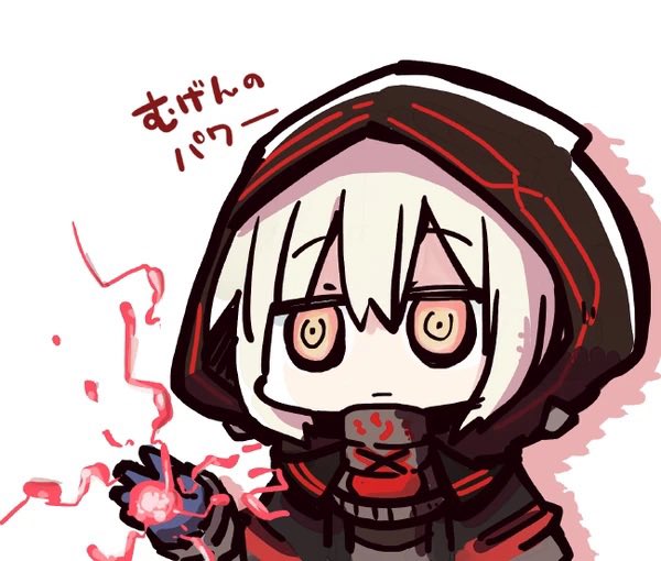 1girl artoria_pendragon_(fate) black_hood blonde_hair chibi empty_eyes fate/grand_order fate_(series) gloves hood jitome kasuga_yuuki lightning mysterious_heroine_x_alter_(fate) mysterious_heroine_x_alter_(third_ascension)_(fate) parody star_wars star_wars:_revenge_of_the_sith yellow_eyes