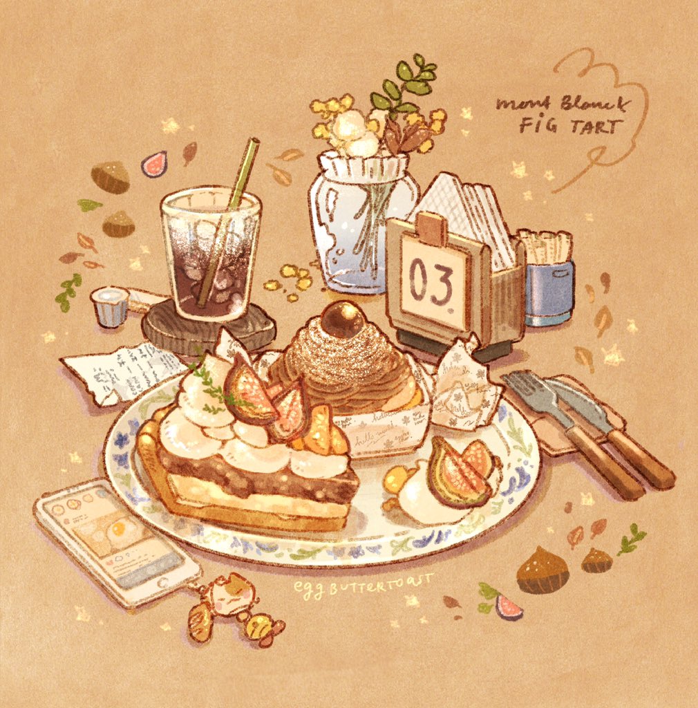 artist_name brown_background cat cellphone coaster commentary cup drinking_glass english_commentary english_text fig food food_focus fork ice ice_cube icing knife nao_(bestrollever) napkin no_humans original phone pie pie_slice receipt smartphone soda star_(symbol) tart_(food) vase