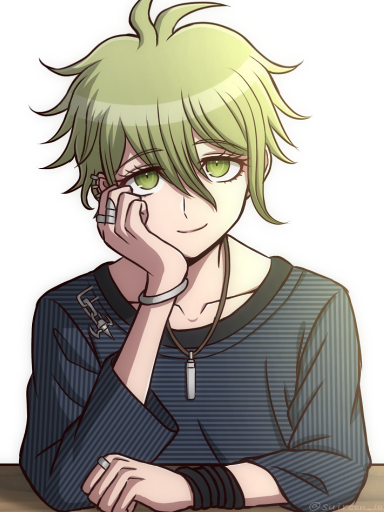 1boy amami_rantaro antenna_hair artist_name bracelet closed_mouth collarbone commentary_request danganronpa_(series) danganronpa_v3:_killing_harmony ear_piercing green_eyes green_hair hand_up jewelry male_focus necklace piercing ring shirt short_hair simple_background sitting smile solo striped_clothes striped_shirt suiren_yurei twitter_username upper_body white_background