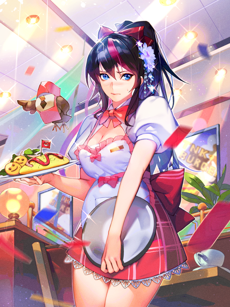 1girl apron bird black_hair blue_eyes blush breasts cleavage cup disposable_cup dress flower hair_flower hair_ornament hair_ribbon highres holding holding_plate houseplant isaac_hein_iii large_breasts looking_at_viewer medium_breasts multicolored_hair pink_hair plate ribbon short_dress short_sleeves solo