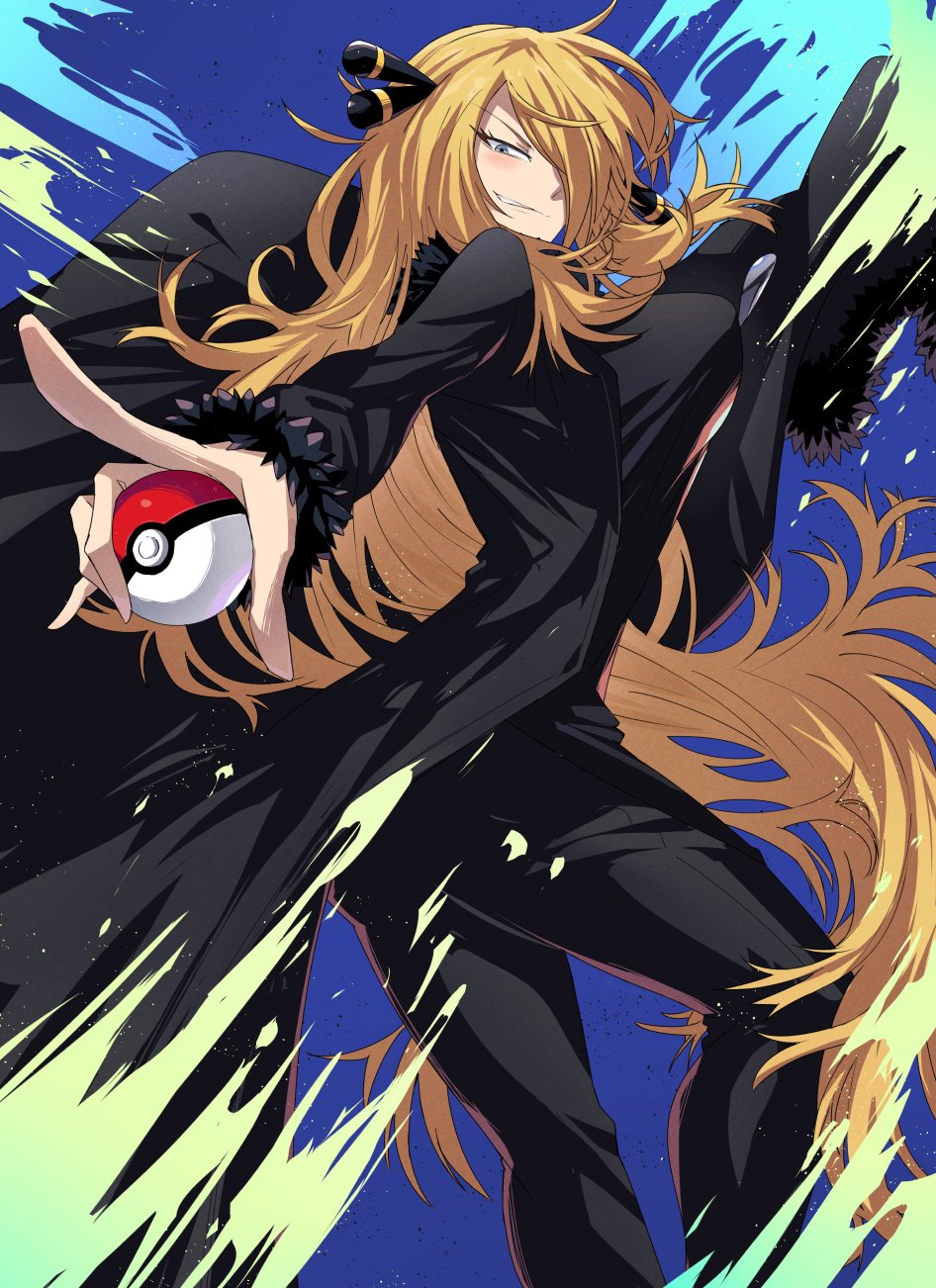 black_coat black_shirt blonde_hair blue_background blush breasts coat cowboy_shot creatures_(company) cynthia_(pokemon) from_behind game_freak grey_eyes hair_over_one_eye highres holding holding_poke_ball large_breasts long_hair looking_at_viewer nintendo poke_ball pokemon pokemon_dppt shimure_(460) shirt