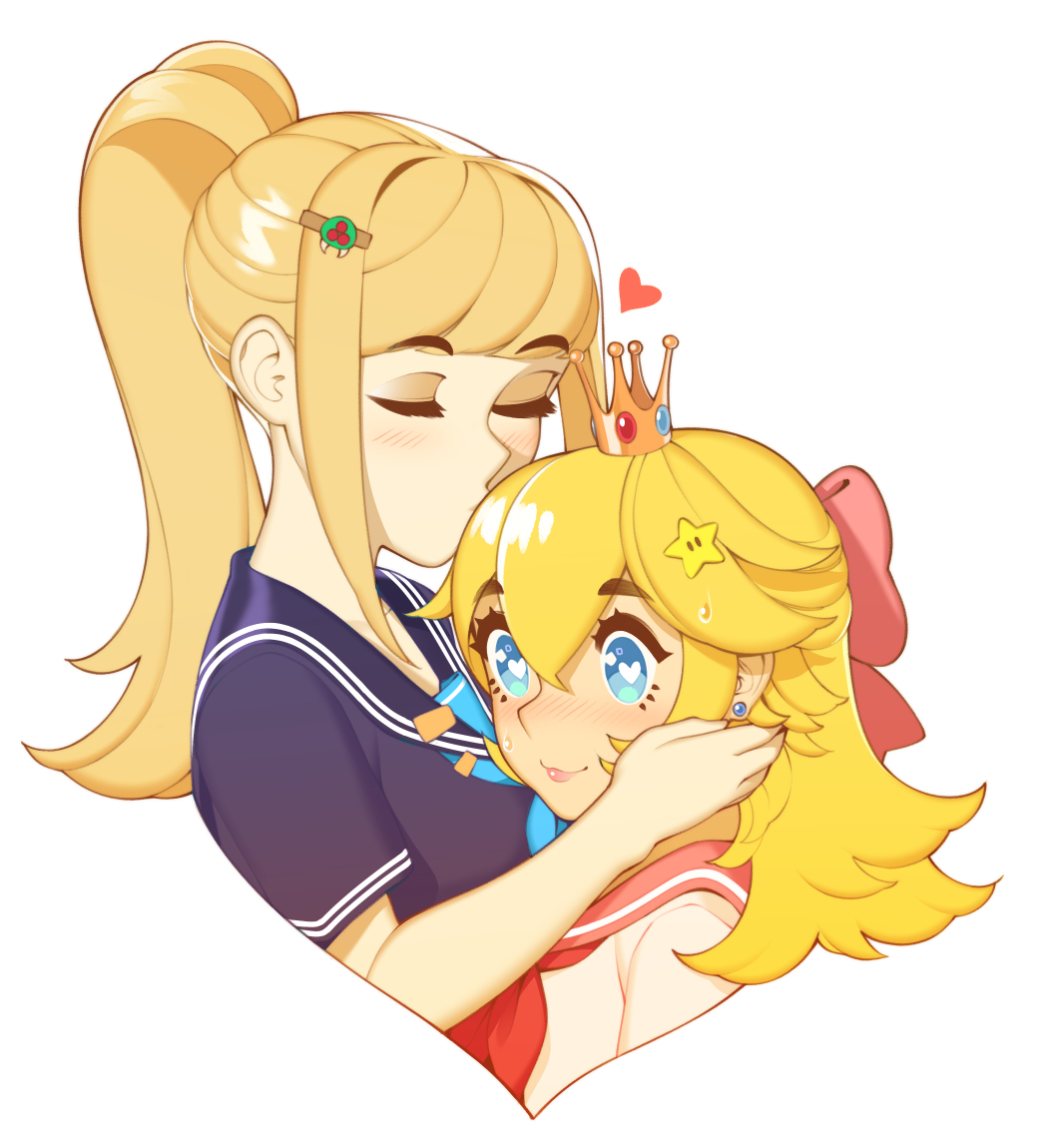 2girls alternate_costume blonde_hair blue_eyes blush bow closed_mouth commentary commission cropped_torso crossover crown english_commentary hair_between_eyes hair_bow hair_flaps hair_ornament hairclip halphelt kissing_head heart heart-shaped_pupils long_hair mario_(series) metroid metroid_(creature) mini_crown multiple_girls neckerchief nintendo pink_bow pink_sailor_collar ponytail princess_peach purple_sailor_collar purple_shirt red_neckerchief sailor_collar samus_aran school_uniform serafuku shirt simple_background star_(symbol) star_hair_ornament sweat symbol-shaped_pupils white_background white_shirt yuri