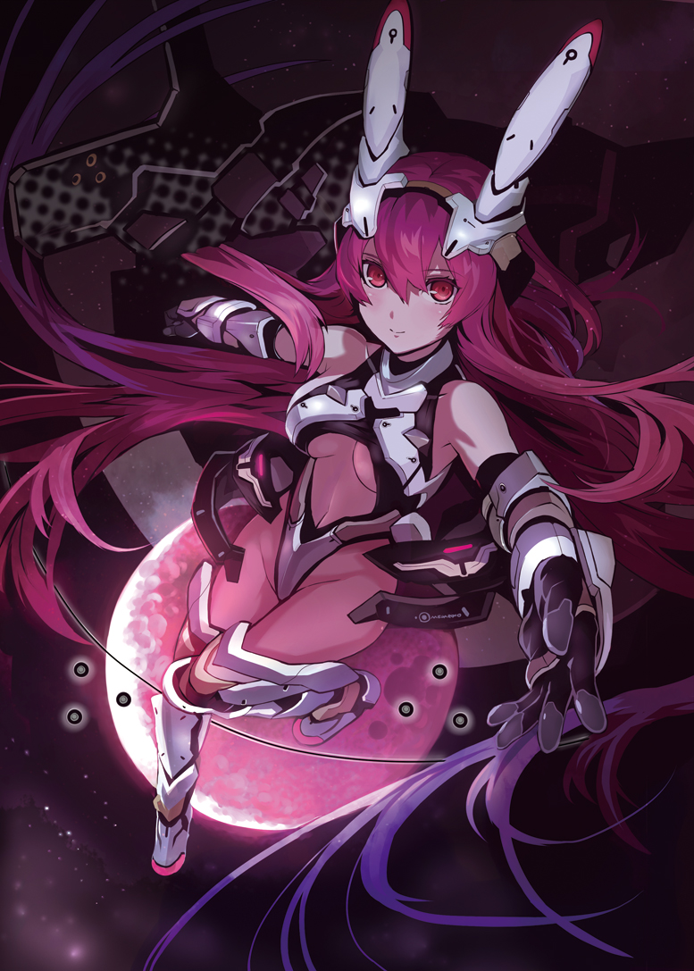 1girl bare_shoulders breasts female_focus gloves hip_focus light_smile long_hair moon original pink_hair red_eyes solo underboob very_long_hair won_(toufunokado)