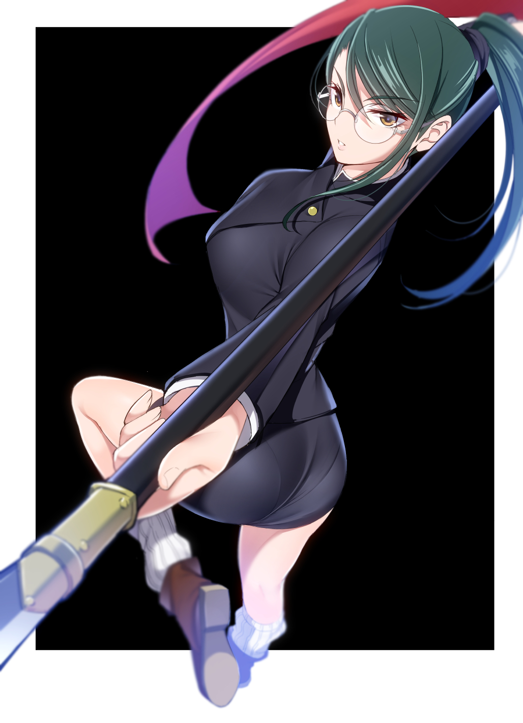 1girl ass black_shirt black_skirt border breasts commentary from_side full_body glasses green_hair highres holding holding_polearm holding_weapon jujutsu_kaisen jujutsu_tech_uniform kippuru knee_up large_breasts long_hair looking_at_viewer parted_lips polearm ponytail shirt skirt socks solo standing standing_on_one_leg swept_bangs weapon white_border yellow_eyes zenin_maki