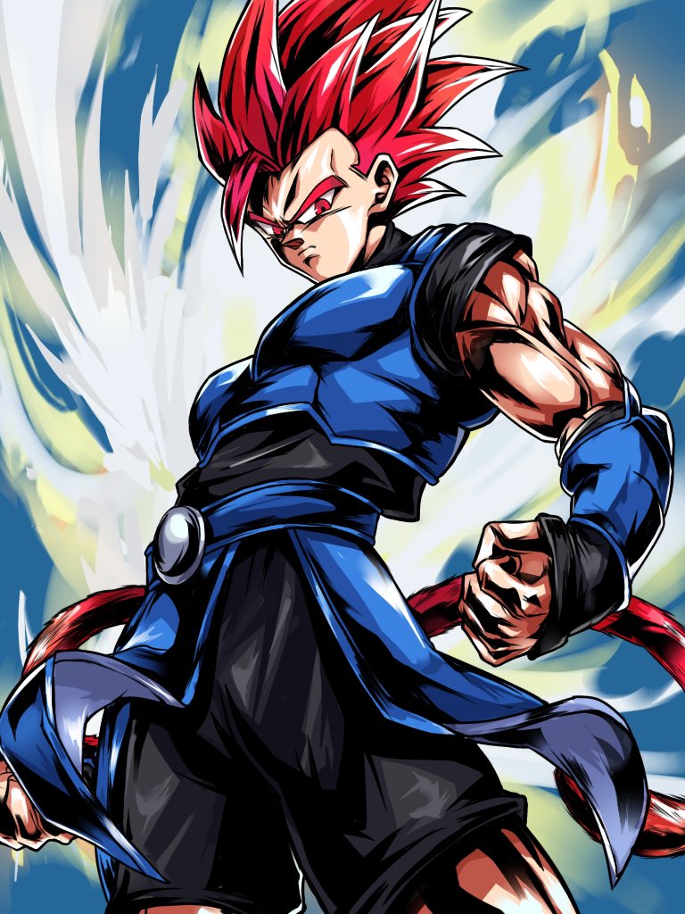 1boy armor black_shorts blue_armor bn_241 bracer clenched_hand closed_mouth covered_pectorals dragon_ball dragon_ball_legends floating_clothes from_below frown looking_down male_focus monkey_boy monkey_tail muscular muscular_male red_eyes red_hair red_tail saiyan saiyan_armor shallot_(dragon_ball) short_hair shorts single_bang solo spiked_hair super_saiyan super_saiyan_god tail