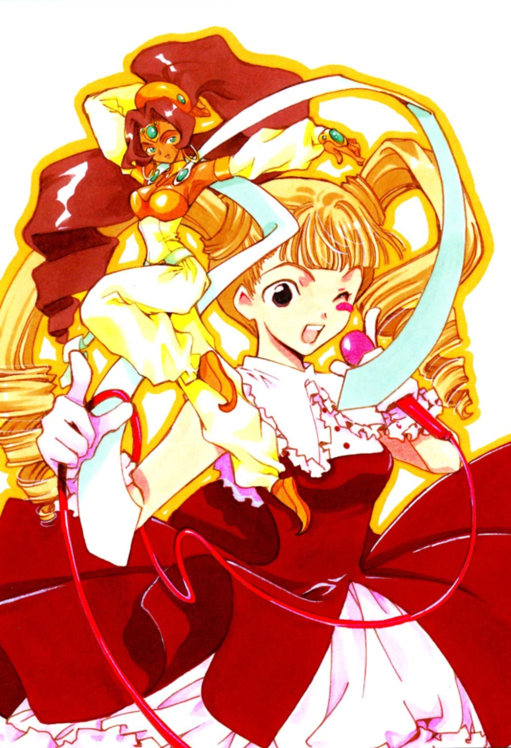 2girls angelic_layer blonde_hair blush_stickers brown_eyes clamp_(circle) dark-skinned_female dark_skin detached_sleeves dress drill_hair gloves harem_outfit highres holding holding_microphone idol long_hair microphone multiple_girls official_art one_eye_closed open_mouth outline puffy_pants ranga_(angelic_layer) red_dress scan seto_ringo single_drill teeth third-party_source twin_drills upper_teeth_only white_background white_gloves yellow_outline