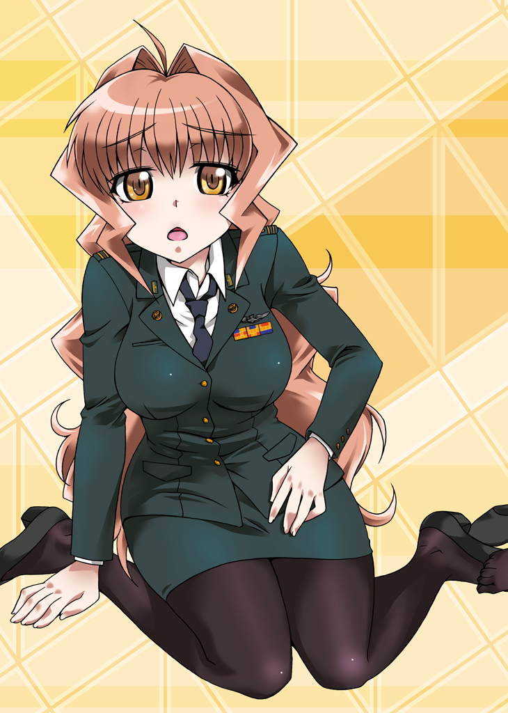 1girl blush brown_eyes brown_hair eenen female_focus jinguuji_marimo long_hair military military_uniform muv-luv muv-luv_alternative open_mouth pantyhose