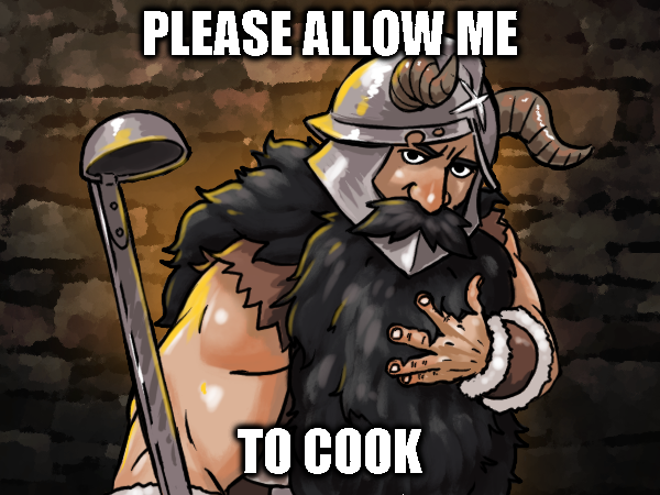 1boy ahmonza beard brick_wall dungeon_meshi dwarf english_text facial_hair fake_horns hand_on_own_chest helmet holding holding_ladle horned_helmet horns image_macro_(meme) ladle let_him_cook_(meme) long_beard long_hair looking_at_viewer male_focus meme muscular muscular_male mustache senshi_(dungeon_meshi) solo thick_mustache upper_body very_long_beard