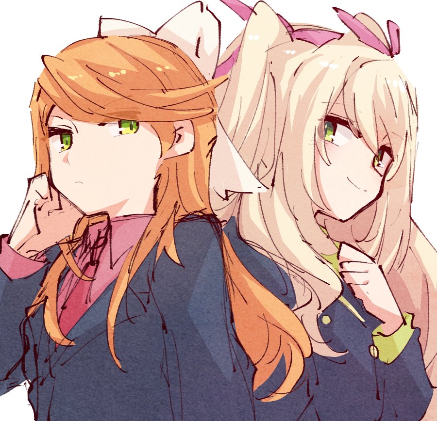 2girls alonemistrist black_jacket blonde_hair bow celine_(fire_emblem) closed_mouth collared_shirt contemporary etie_(fire_emblem) fire_emblem fire_emblem_engage green_eyes green_shirt hair_between_eyes hair_bow hair_ribbon jacket long_hair long_sleeves multiple_girls necktie nintendo orange_hair red_necktie red_shirt ribbon shirt smile suit_jacket swept_bangs upper_body white_background