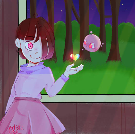 akumu_(glitchtale) bete_noire brown_hair glitchtale grass kumu_(glitchtale) picture_frame pink_eyes pink_hair pink_sweater purple_sweater short_hair skirt smile sweater tree undertale watermark window