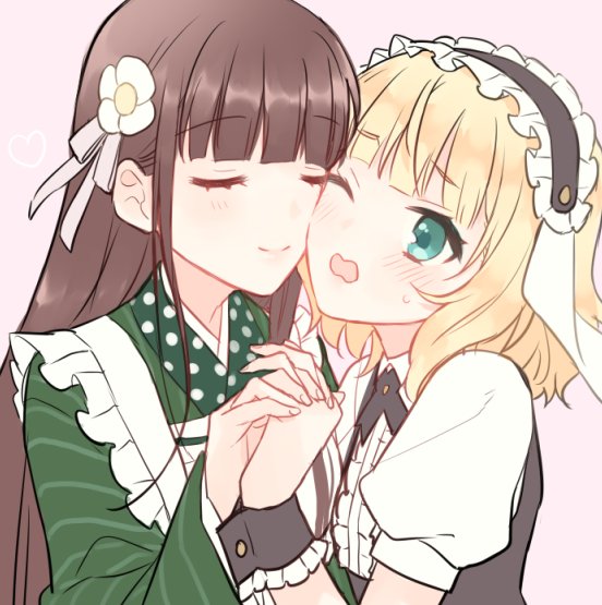 2girls ama_usa_an_uniform animal_ears apron blonde_hair blunt_bangs blush bolo_tie brown_hair cheek-to-cheek closed_mouth collared_shirt commentary fake_animal_ears flat_chest floppy_ears flower frilled_cuffs gochuumon_wa_usagi_desu_ka? green_kimono hair_flower hair_ornament heads_together heart holding_hands inoue_mikuni interlocked_fingers japanese_clothes kimono kirima_syaro long_hair long_sleeves looking_at_another maid_apron maid_headdress multiple_girls one_eye_closed open_mouth pink_background pink_ribbon polka_dot_trim puffy_short_sleeves puffy_sleeves rabbit_ears ribbon shirt short_hair short_sleeves sidelocks striped_clothes striped_kimono sweatdrop ujimatsu_chiya underbust upper_body wavy_hair wavy_mouth white_apron white_flower white_shirt wide_sleeves wing_collar