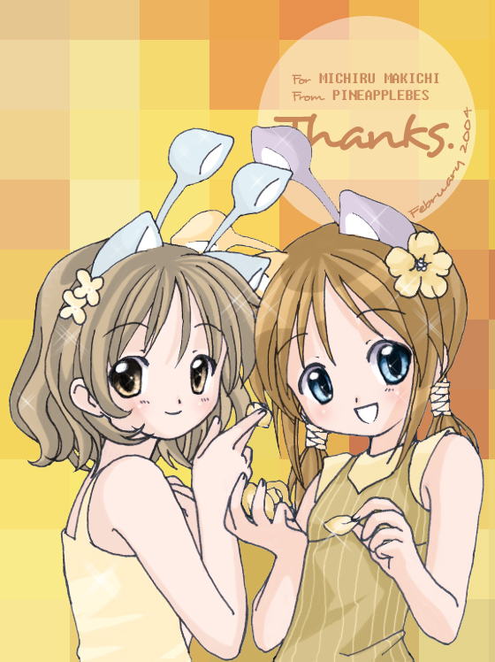 2girls aisha_(neopets) animal_ears blue_eyes brown_eyes brown_hair english_text flower hair_flower hair_ornament multiple_girls neopets original personification pineapplebes short_hair short_twintails smile twintails