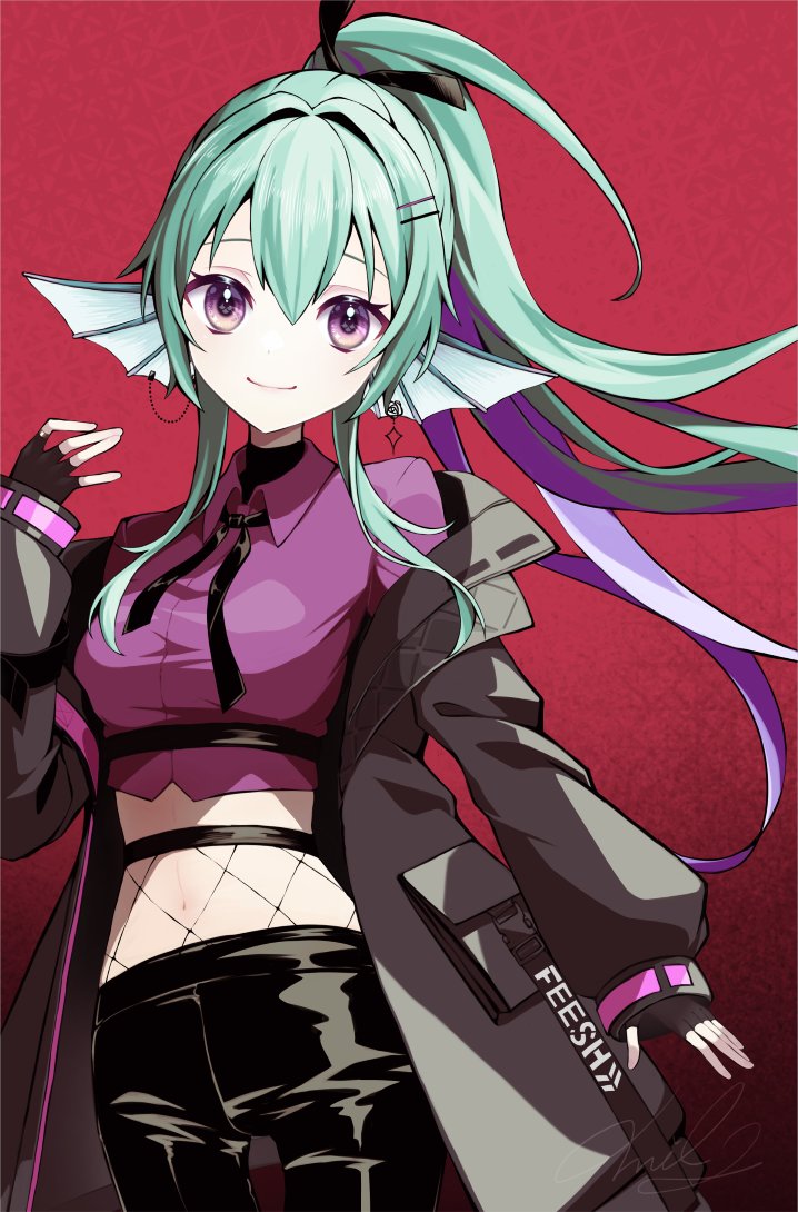 1girl black_gloves black_pants breasts closed_mouth coat collared_shirt earrings finana_ryugu fingerless_gloves fins fishnets gloves green_hair grey_coat hair_ornament hairpin head_fins jewelry mil2 neck_ribbon nijisanji nijisanji_en open_clothes open_coat pants purple_eyes purple_shirt red_background ribbon shirt signature solo virtual_youtuber