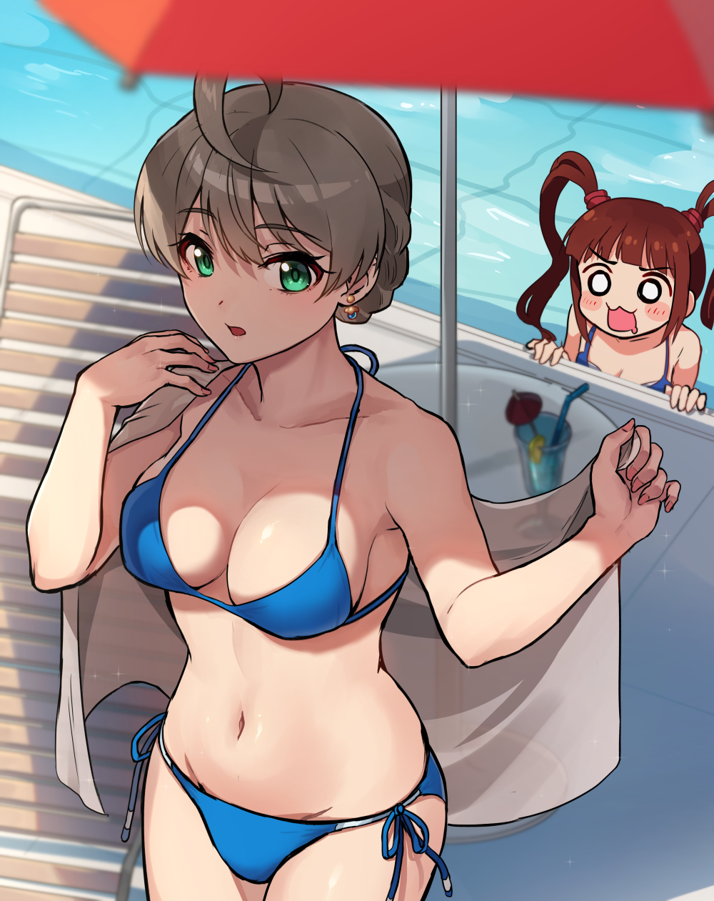 2girls :3 :d ahoge beach_chair beach_umbrella bikini blunt_bangs braid breasts bright_pupils brown_hair cleavage commentary drying earrings female_pervert green_eyes groin hair_tie halterneck highres holding holding_towel idolmaster idolmaster_million_live! jewelry kamille_(vcx68) looking_at_another looking_at_viewer matsuda_arisa medium_breasts multiple_girls navel open_mouth pervert pool revision sakuramori_kaori saliva short_hair side-tie_bikini_bottom smile standing string_bikini swimsuit table towel twintails umbrella white_pupils wide-eyed