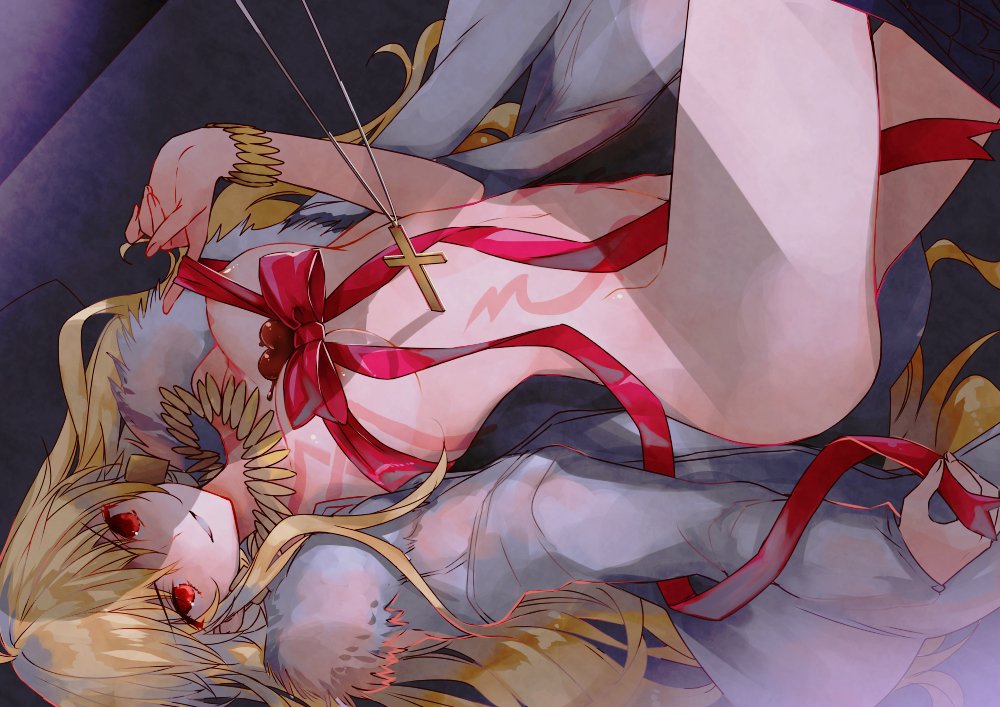 1girl areola_slip blonde_hair breasts coat commentary_request cross cross_necklace fate/stay_night fate_(series) fur-trimmed_coat fur_trim genderswap genderswap_(mtf) gilgamesh_(fate) jacket jewelry long_hair medium_breasts naked_jacket naked_ribbon necklace necktie red_eyes red_nails red_ribbon ribbon smile solo tattoo unworn_necktie white_coat yakan_(kusogaki_teikoku)