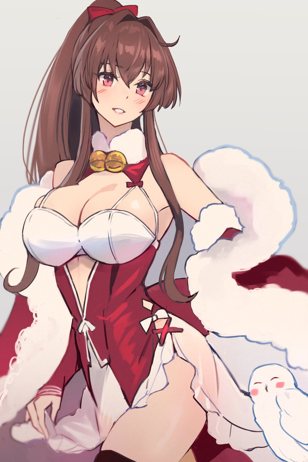 1girl bare_shoulders bell bird blush bow breasts brown_hair cleavage cosplay detached_sleeves dress fur_trim grey_background hair_between_eyes hair_bow highres johnston_(christmas_mode)_(kancolle) johnston_(kancolle) johnston_(kancolle)_(cosplay) kantai_collection kasumi_(skchkko) large_breasts long_hair neck_bell owl ponytail red_bow red_dress red_eyes sidelocks simple_background very_long_hair yamato_(kancolle)