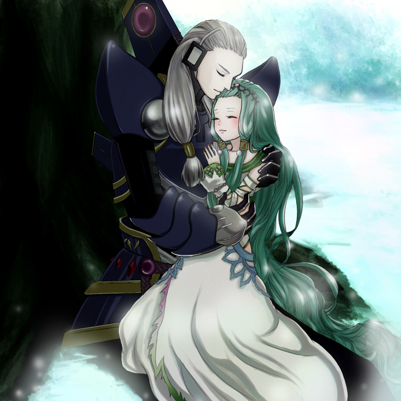 1boy 1girl absurdly_long_hair android aqua_background armor blush couple dress closed_eyes full_body gloves green_hair grey_hair hetero hug kunzite_(tales) long_hair mina03 lithia_spodumene sidelocks sitting smile tales_of_(series) tales_of_hearts tiara tree very_long_hair white_dress