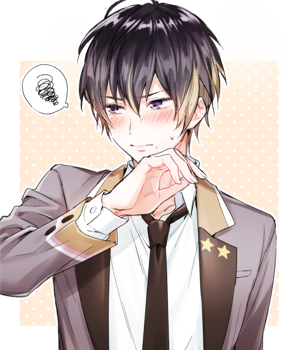 1boy a3! bad_id bad_pixiv_id black_hair blush brown_hair closed_mouth embarrassed hair_between_eyes looking_away male_focus mole mole_under_mouth multicolored_hair necktie purple_eyes school_uniform spoken_squiggle squiggle tsuchiya_(1315444) upper_body usui_masumi