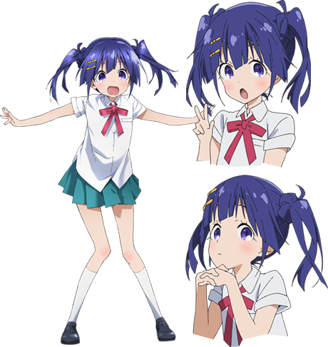 10s 1girl artist_request blue_hair character_sheet multiple_expressions hair_ornament hairclip kusanagi_yuma lowres multiple_views official_art purple_eyes purple_hair school_uniform simple_background soushin_shoujo_matoi transparent_background twintails white_background