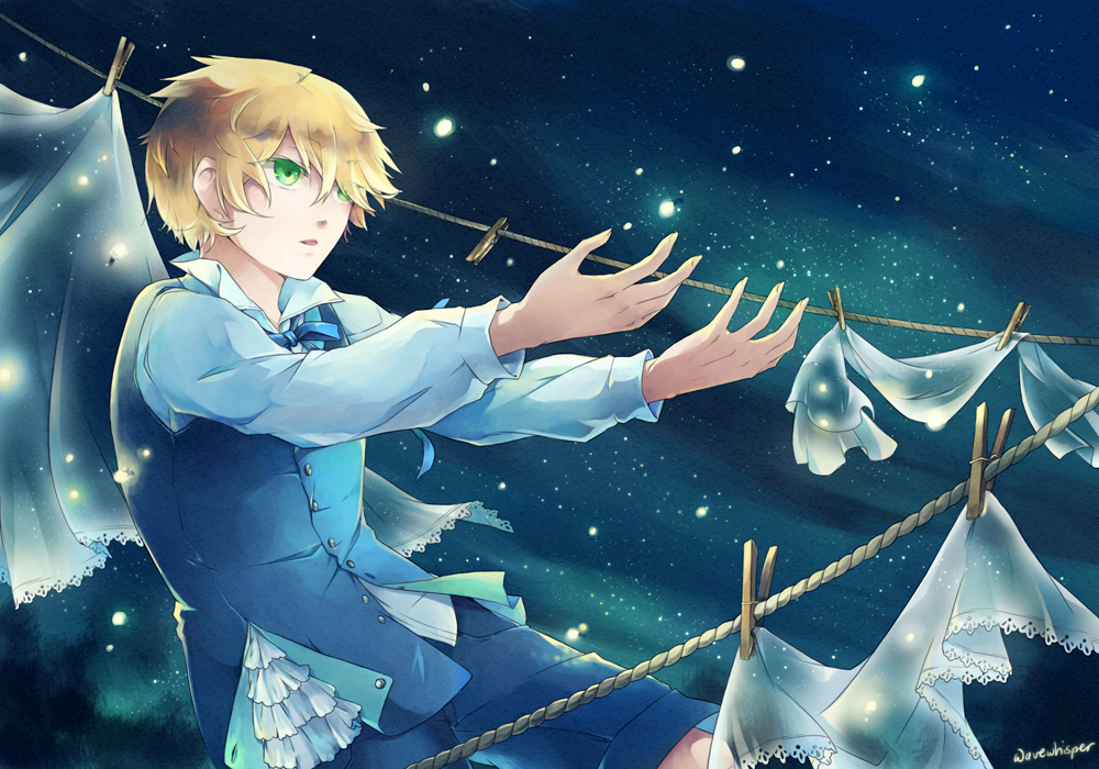 00s 1boy blonde_hair bow bowtie frills green_eyes male_focus night night_sky open_mouth outstretched_arms oz_vessalius pandora_hearts short_hair shorts sky solo star_(sky) starry_sky vest wavily