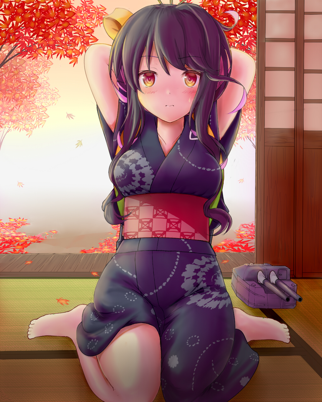 10s 1girl alternate_costume architecture arms_behind_head arms_up autumn_leaves barefoot black_hair blush breasts closed_mouth east_asian_architecture em_s female_focus full_body hair_ribbon highres indoors japanese_clothes kantai_collection kimono leaf long_hair looking_at_viewer multicolored_hair naganami_(kancolle) obi pink_hair ribbon sash ship_turret sidelocks sitting small_breasts solo streaked_hair sweat wariza wide_sleeves yellow_eyes yellow_ribbon