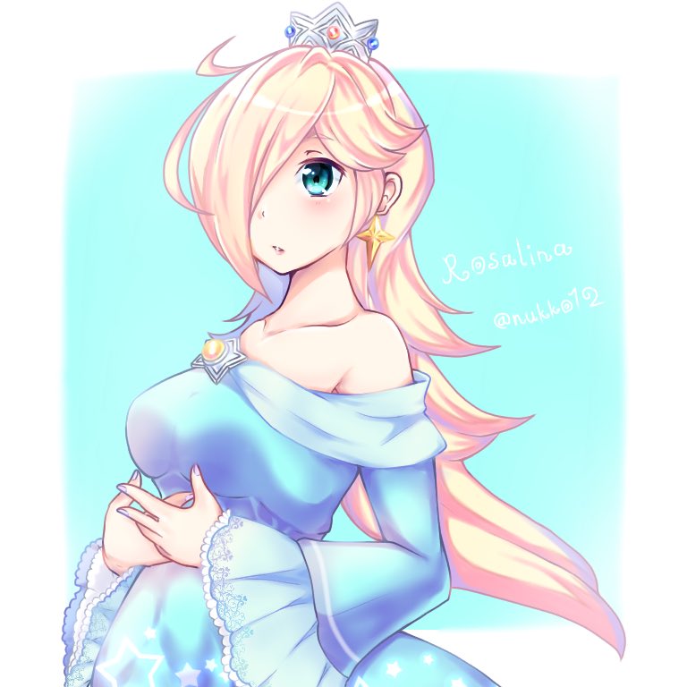 1girl blonde_hair blue_dress blue_eyes brooch character_name crown dress earrings hair_over_one_eye jewelry long_hair long_sleeves mario_(series) nintendo nukoko12 off-shoulder_dress off_shoulder own_hands_together parted_lips rosalina solo star_(symbol) star_earrings super_mario_galaxy super_smash_bros. twitter_username