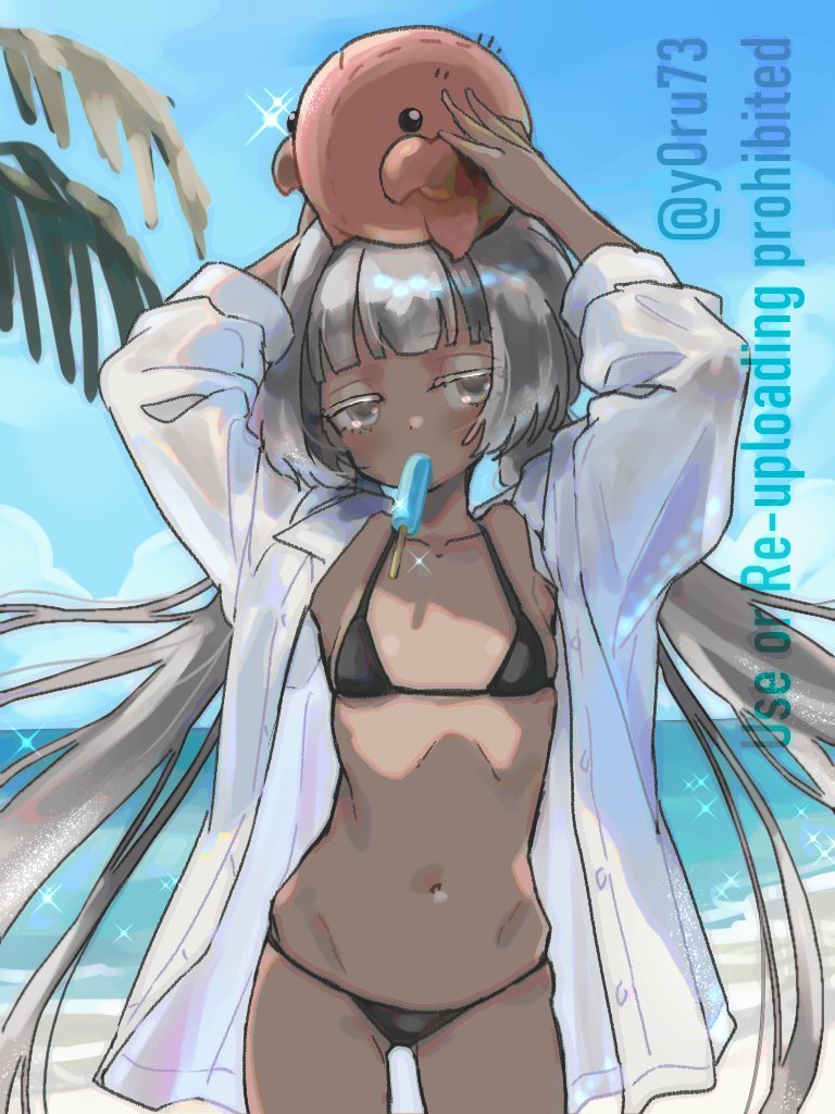 1girl arms_up bikini black_bikini blunt_bangs blush bongy_(project_moon) breasts charon_(project_moon) collarbone commentary_request cowboy_shot dark-skinned_female dark_skin day dress_shirt food food_in_mouth grey_eyes grey_hair hair_intakes jitome limbus_company long_hair looking_at_viewer micro_bikini navel open_clothes open_shirt outdoors palm_tree popsicle popsicle_in_mouth project_moon shirt small_breasts solo sparkle swimsuit tree twitter_username very_long_hair water watermark white_shirt y0ru73