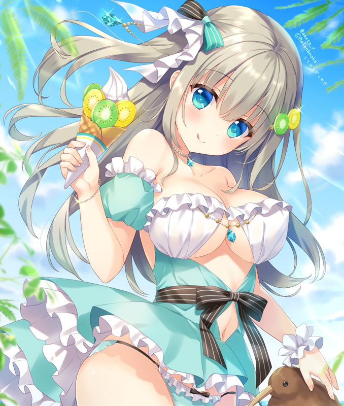 1girl :q ameto_yuki animal bird blue_sky blue_sleeves bow breasts cleavage closed_mouth cloud commission day detached_sleeves food frills grey_hair hair_bow holding holding_food ice_cream ice_cream_cone kiwi_(bird) long_hair looking_at_viewer medium_breasts navel one_side_up original outdoors puffy_short_sleeves puffy_sleeves short_sleeves sky smile soft_serve solo striped striped_bow tongue tongue_out very_long_hair