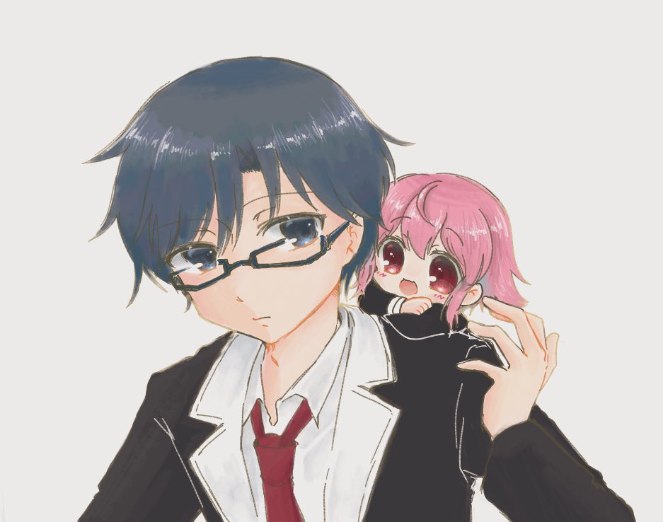 ! 1boy 1girl 70lio :o ? black_hair black_jacket blue_hair blush chaos;child collared_shirt commentary_request cowboy_shot embarrassed gift glasses hand_on_own_neck jacket looking_up miyashiro_takuru necktie non-web_source onoe_serika open_clothes open_jacket open_mouth pink_hair red_eyes red_necktie school_uniform shirt short_hair_with_long_locks sidelocks smile speech_bubble spoken_exclamation_mark spoken_question_mark surprised white_day white_shirt