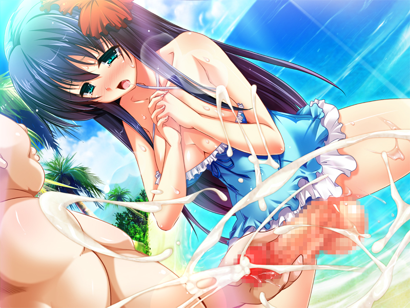 1boy 1futa beach black_hair blue_eyes blush breasts censored cleavage cum drooling ejaculation erection full-package_futanari futanari game_cg handjob harthnir large_breasts large_penis long_hair misakura_nankotsu mosaic_censoring ocean one-piece_swimsuit open_mouth penis projectile_cum shinsei_futanari_idol:_dekatama_kei! swimsuit testicles